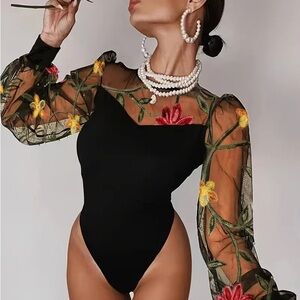 Floral Embroidered Mesh Bodysuit, Vintage Inspired Long Sleeve  One-piece  Black